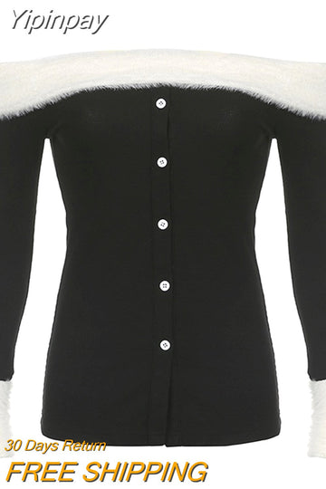 Yipinpay Winter Slim Vintage Black Tops Office Lady Long Sleeve Casual Pullover Elegant Korean Fashion Clothing Woman Button Design